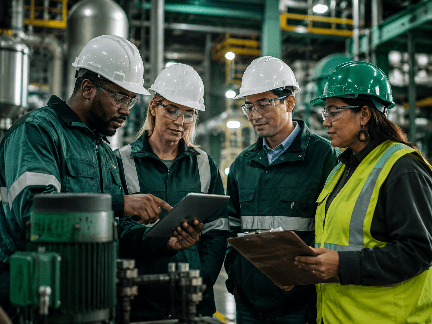 Process plant operators reviewing performance data on site